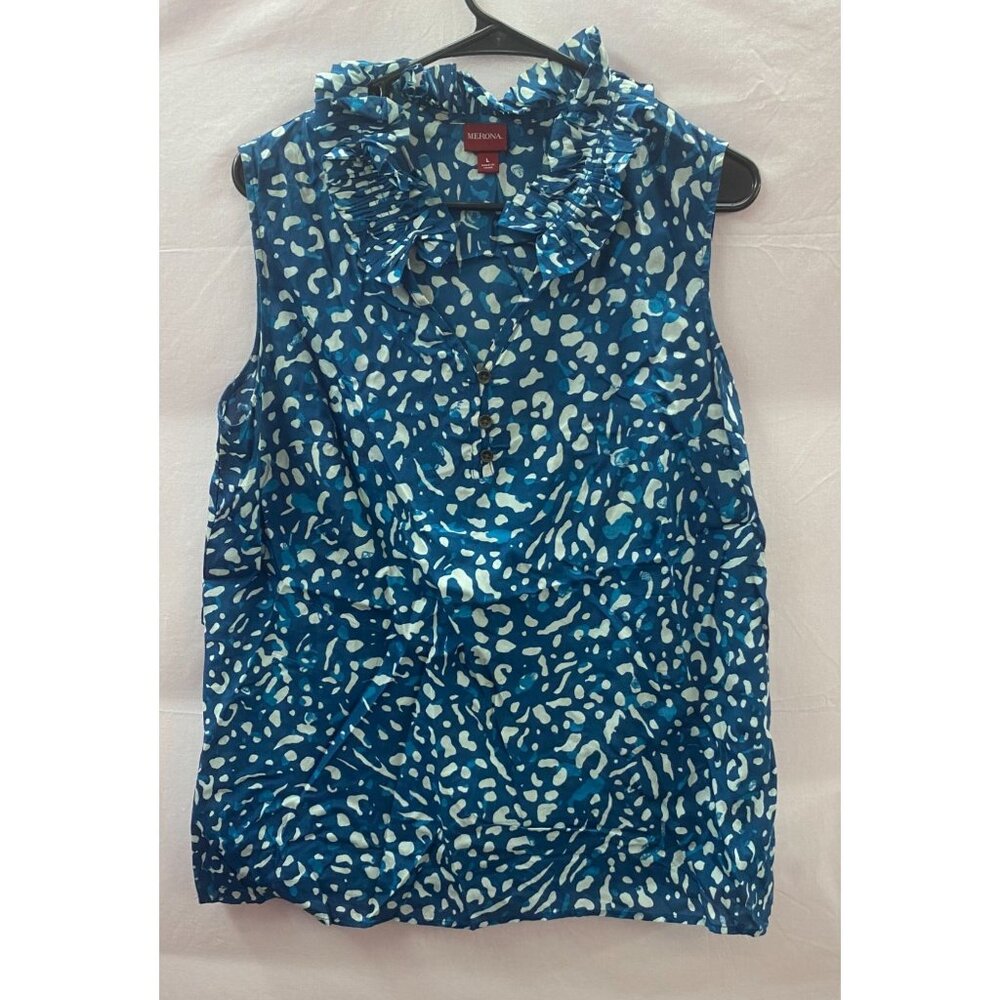 Merona. Women's Size LG Sleeveless Blue ruffled Collar 1/2 Button Blouse